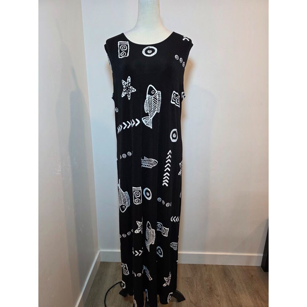 Vintage 90s Dress Es Se Women 1X Black White Maxi Fish Beach Resort Slinky Knit